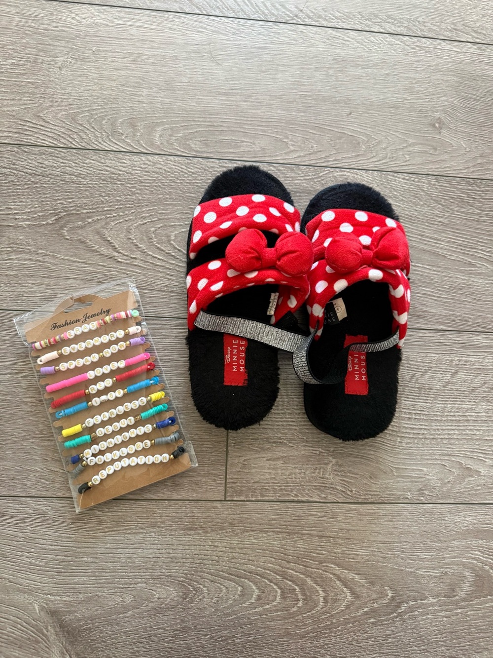 Minnie Mouse Bow Slide Sandals and bracelets